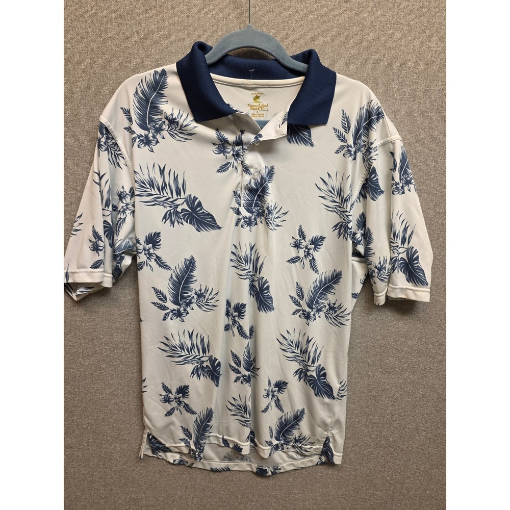 Diamond Head Wear Mens Large White Navy Blue Palm Leaf Tropical Polo Shirt Golf